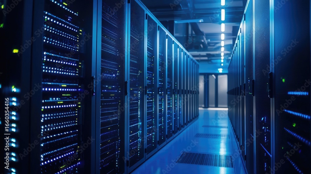 Poster advanced modern data center with illuminated server racks and high performance network equipment, pe