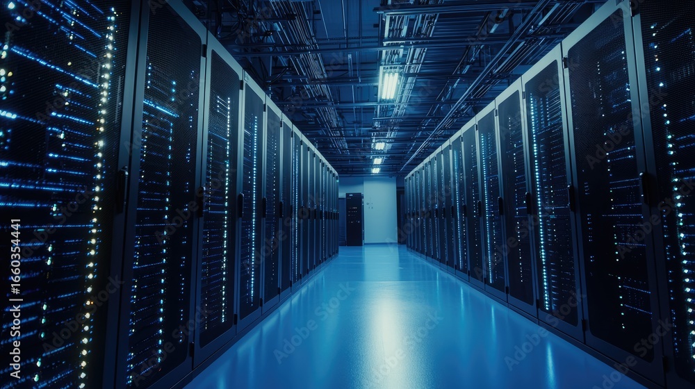 Poster modern data center with rows of server cabinets and advanced it infrastructure illuminated in blue l