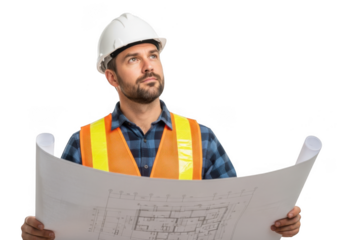Construction worker with blueprint isolated on transparent background