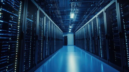Modern data center with rows of server cabinets and advanced IT infrastructure illuminated in blue light, ideal for cloud computing, storage, and digital technology solutions