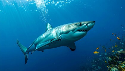 Fototapeta premium Majestic great white shark glides through vibrant blue ocean depths, showcasing powerful form and striking contrast against the underwater world.