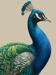 Peacock with iridescent neck feathers in side profile on solid color background