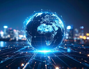 Obraz premium Global Network with Cityscape at Night.