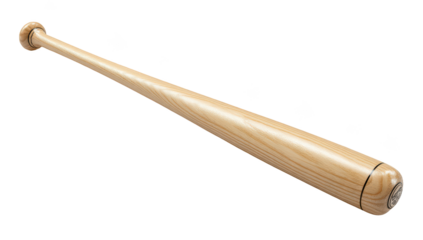 A light-colored wooden baseball bat, slightly angled, lies horizontally.  The bat's rounded ends are prominent, and its smooth, light-brown wood grain is visible