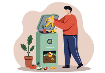 A man composts fruit waste in a modern compost bin. A clean, illustrative style highlights sustainable living. Perfect for eco-friendly concepts.