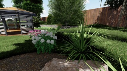 3d image of the landscape design of the home territory. Landscaping of the territory. Computer visualization of composite landscaping and landscaping solutions.