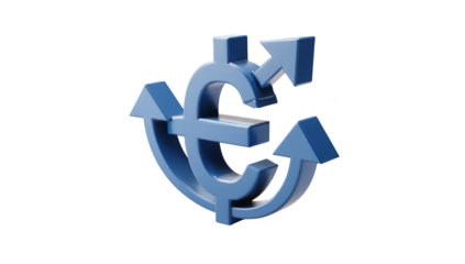 3D blue cent sign with arrows, on a black background, finance theme