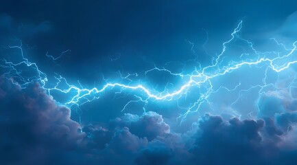 Abstract blue lightning background with powerful thunderstorm in the dark sky, electric energy concept and dynamic atmosphere