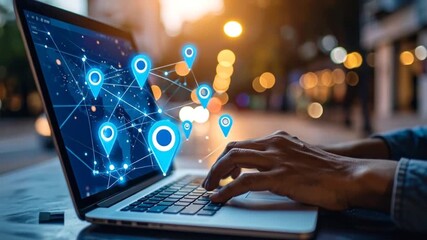 Global Connectivity: Person Working on Laptop with Location Pins - Powered by Adobe