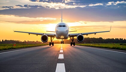 Airplane taxiing sunset runway.