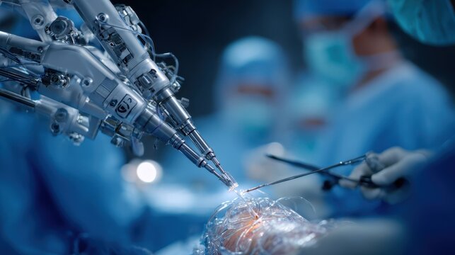 Medium closeup of robotic manipulation during cochlear implant insertion focusing on robotic wrist articulation blurred hands of surgeon in background. - Powered by Adobe