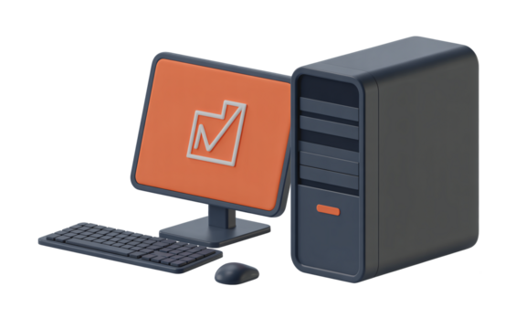 Desktop computer with a checkmark symbol on the screen on transparent background