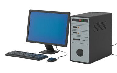 Classic desktop computer setup with monitor keyboard and mouse on transparent background
