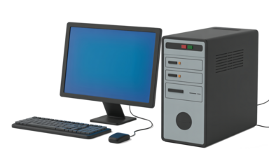 Classic desktop computer setup with monitor keyboard and mouse on transparent background