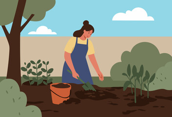 A woman maintains a compost pile outdoors, using a shovel. A sunny, rural setting highlights sustainable gardening practices. Focus on natural elements and a healthy lifestyle.