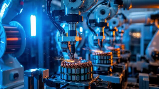 Robotic arms precisely winding copper wire around stator cores in electric vehicle motor manufacturing plant.