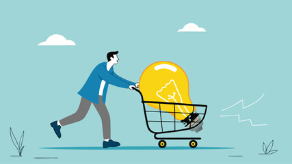 tutoring or skills development, buy online courses or take training to improve skills, businessman buys light bulb idea puts it in shopping cart concept vector illustration
