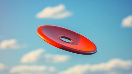 A silver computer mouse sits on a desk with a view of a red and blue sky with clouds
