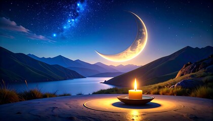 Serene mountain lake scene at night, featuring a crescent moon and a lit candle.