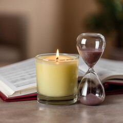 Candle and hourglass beside an open book.