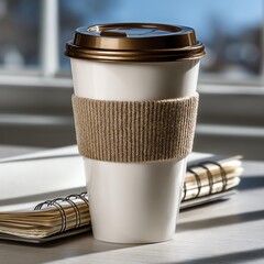 Disposable coffee cup on a notebook in sunlight.