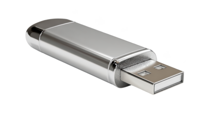 Sleek silver USB drive, isolated on black, ready for data storage and transfer