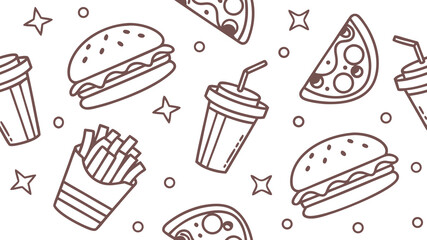 Fast Food Related Seamless Pattern and Background with Line Icons.Fast Food and Street Food Related Modern Line Art Icons Background. Linear Style Vector Illustration.