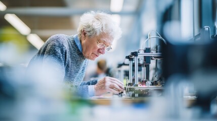 Close medium view of an elderly person adjusting 3D printer settings while creating custom hearingaid shells surrounded by softfocus library workstations.
