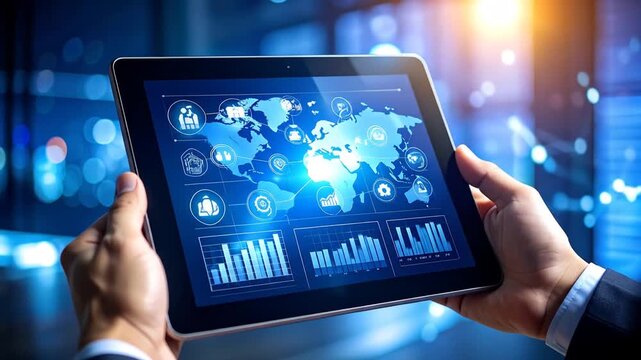 Global Data Analysis: Hands Hold Tablet Displaying World Map, Charts, and Business Icons