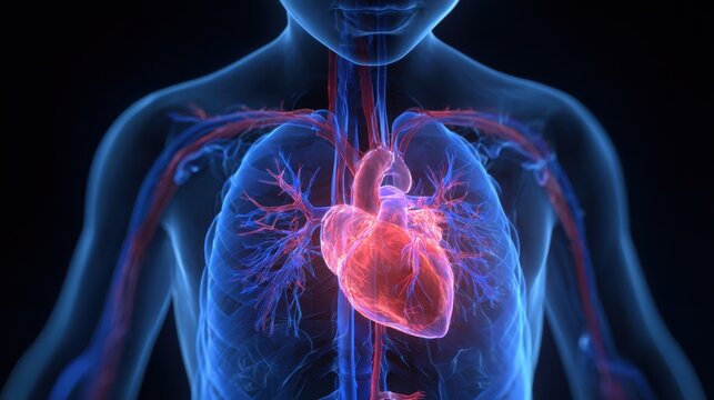 Medical animation showing a beating human heart with a congenital defect, visible through a transparent chest and lungs, highlighting the circulatory system