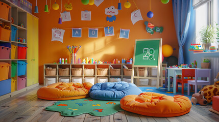 Childrena??s playroom with colorful mats, toy bins, art easel, and alphabet decals, cheerful chaos and early learning space.