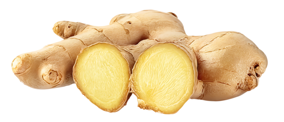 Ginger root, fresh ginger slices, vibrant green leaves isolated on white background, front view, no depth of field, sharp 
