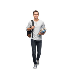  of smiling student walking with books and backpack for education and school concept images on transparent background