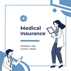 Medical insurance advertisement featuring doctors and company logo