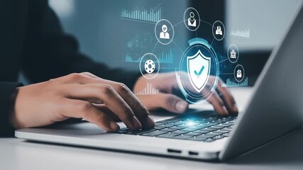 Hands type on a laptop keyboard Digital security icons float above the device suggesting online protection and secure data management in the digital space - Powered by Adobe