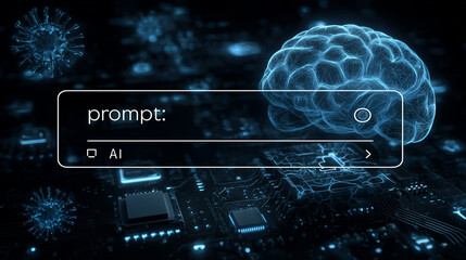 Neural network merging digital brain, AI chips, circuitry with microscopic virus-like particles representing advanced cognitive interface technology