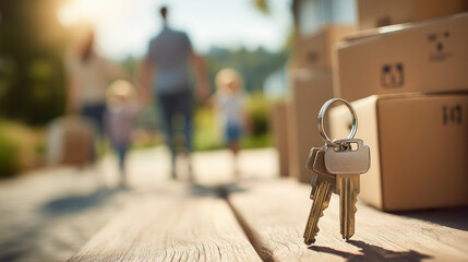 House keys lying on wooden plank with family and cardboard boxes in background, concept of moving house