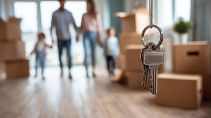 House keys hanging on a key ring, capturing a family joyfully walking into their new home surrounded by cardboard boxes