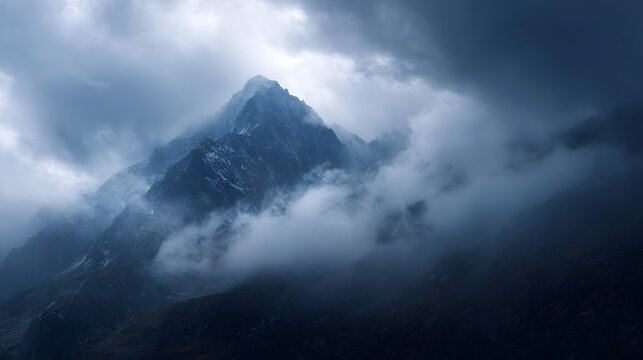 Majestic mountain peak shrouded in mystical clouds