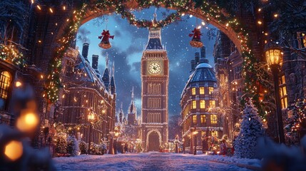 Obraz premium Festive snowy city street at night