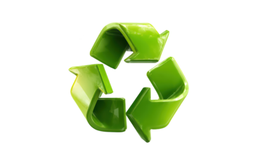 Glossy green recycling symbol isolated on black background
