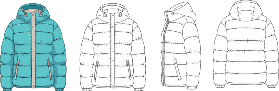 Technical flat sketch of blue puffer jacket with hood, front zipper, elastic cuffs, side pockets, winter outerwear design fashion illustration.