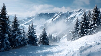 Snowy winter landscape at a remote ski resort in the mountains