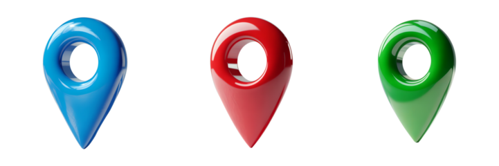 Shiny Blue Red Green Location Pins on White Background