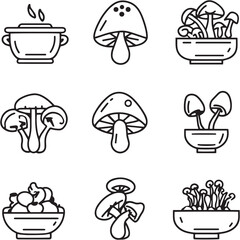 Mushroom Risotto black Line Editable Icons set