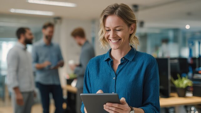 Medium shot of a team lead explaining PII masking workflow on a digital tablet main device in focus with blurred colleagues and office equipment in the background.