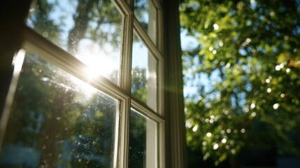 Medium shot of energyefficient windows reflecting sunlight sharply focused against an outoffocus backdrop of green trees and blue sky.