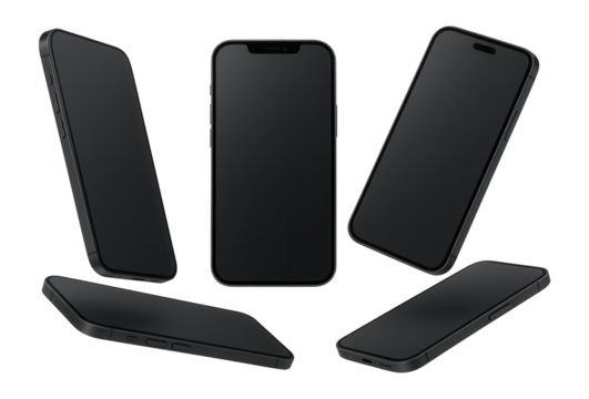 Set of smartphones with blank screens, front view, highlighting app user experience.
