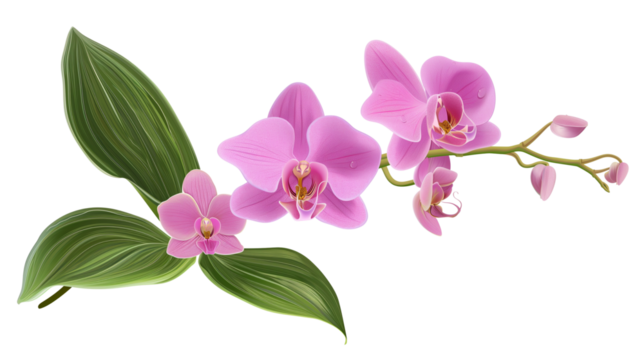 Pink orchid branch with leaves. Realistic botanical illustration. Isolated on transparent background, png.