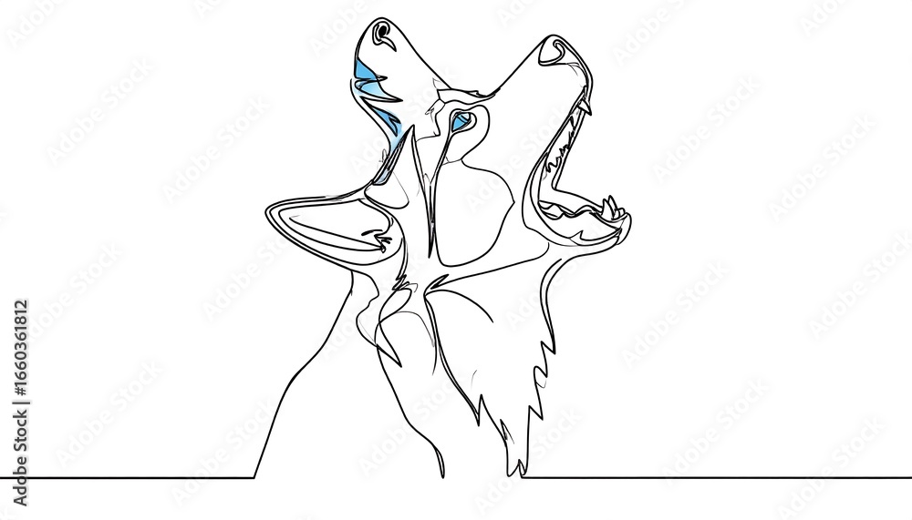 Poster a single line drawing of a wolf howling, showcasing a dynamic profile view and bold, expressive feat